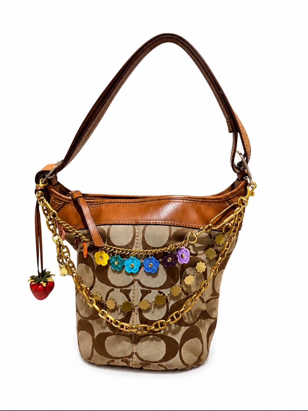 Coach Brown Signature Canvas Shoulder Bag with Colorful Floral Charms